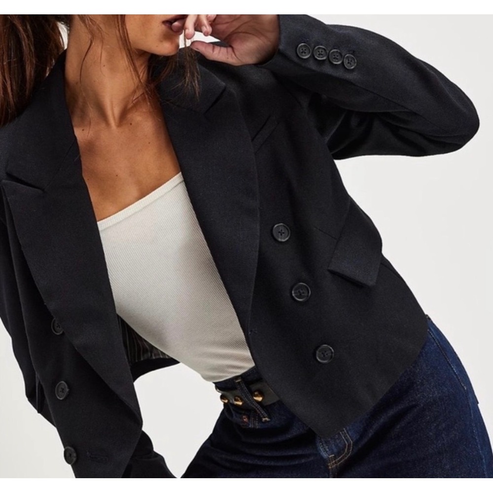 Free People Double Breasted Blazer Jacket Navy Cropped Boxy XL Minimalist - Picture 2 of 9